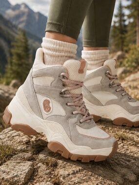 Coach C265 Hiker Sneakers High Cut Hiker Boot Platform Light Grey Pink Size 6